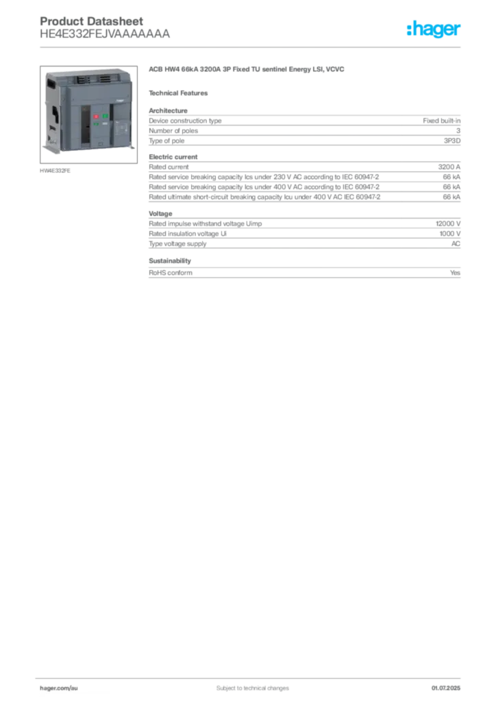 Image Hager Product data sheet HE4E332FEJVAAAAAAA  | Hager Australia