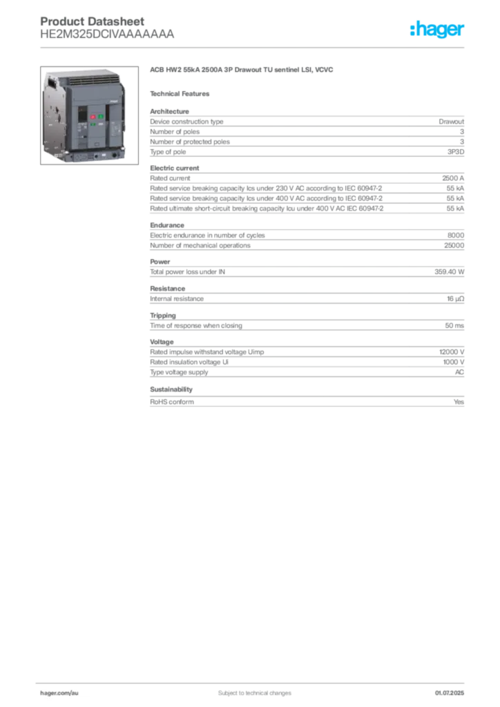 Image Hager Product data sheet HE2M325DCIVAAAAAAA  | Hager Australia