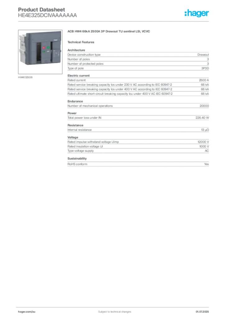 Image Hager Product data sheet HE4E325DCIVAAAAAAA  | Hager Australia