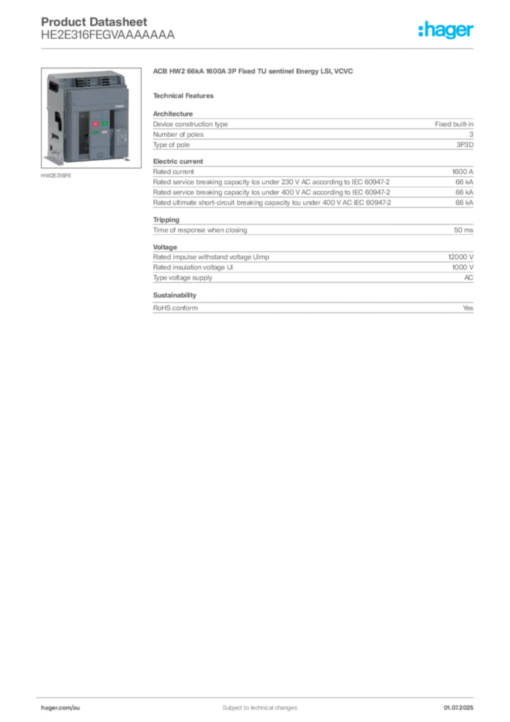 Image Hager Product data sheet HE2E316FEGVAAAAAAA  | Hager Australia