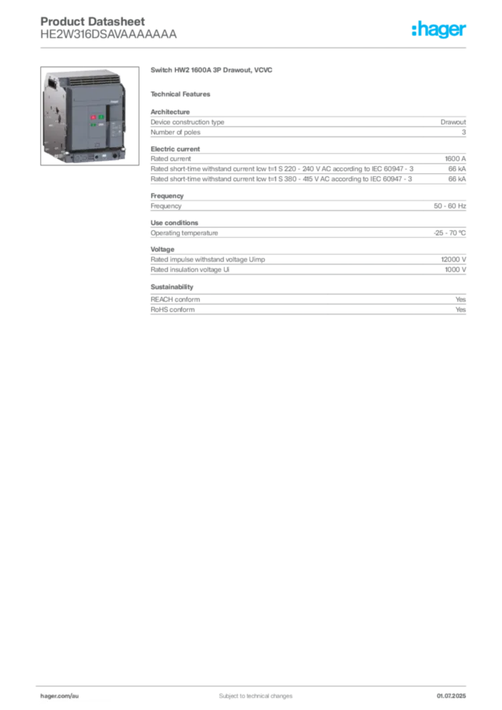 Image Hager Product data sheet HE2W316DSAVAAAAAAA  | Hager Australia