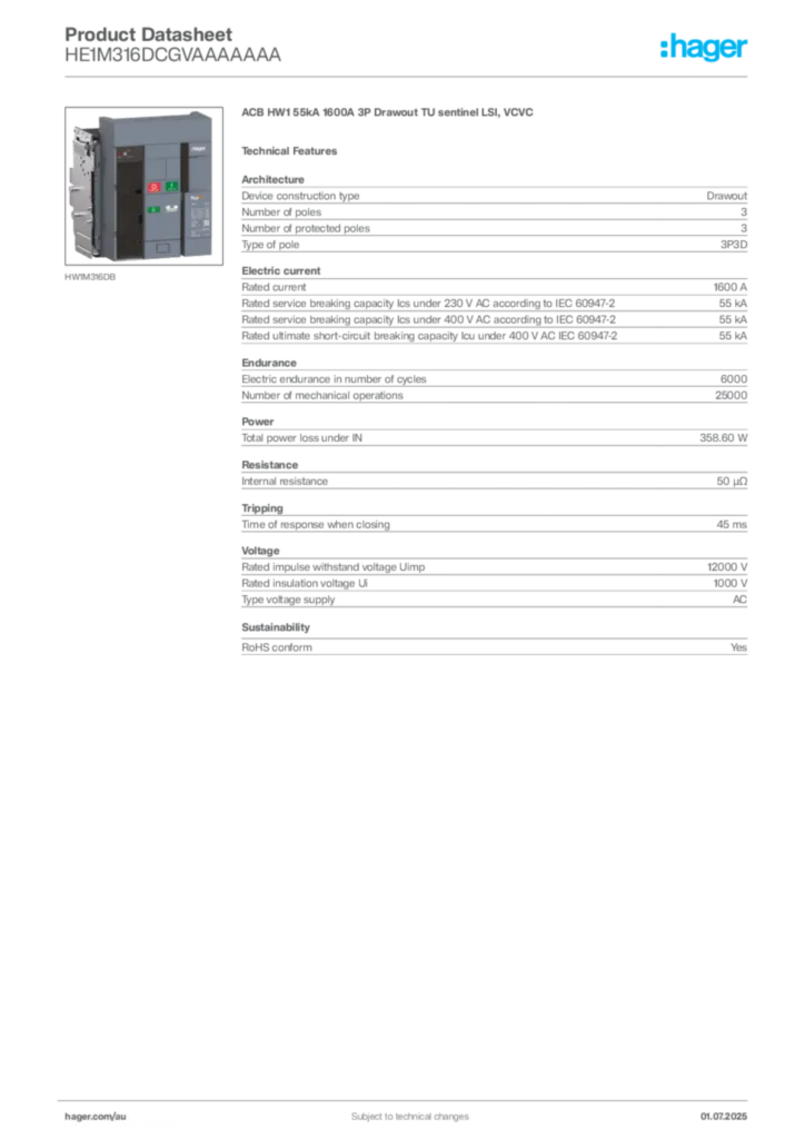 Image Hager Product data sheet HE1M316DCGVAAAAAAA  | Hager Australia