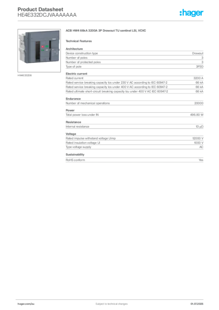 Image Hager Product data sheet HE4E332DCJVAAAAAAA  | Hager Australia