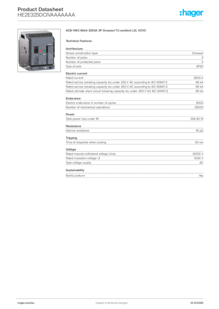 Image Hager Product data sheet HE2E325DCIVAAAAAAA  | Hager Australia