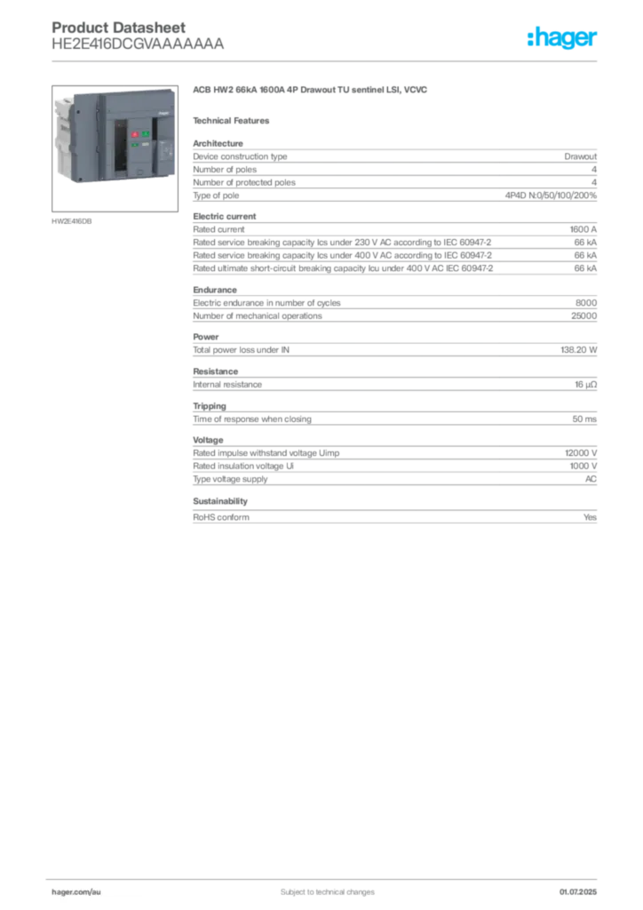 Image Hager Product data sheet HE2E416DCGVAAAAAAA  | Hager Australia