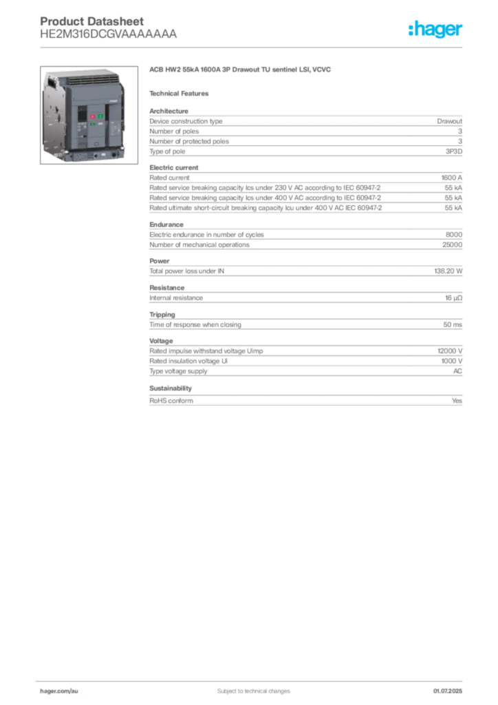 Image Hager Product data sheet HE2M316DCGVAAAAAAA  | Hager Australia