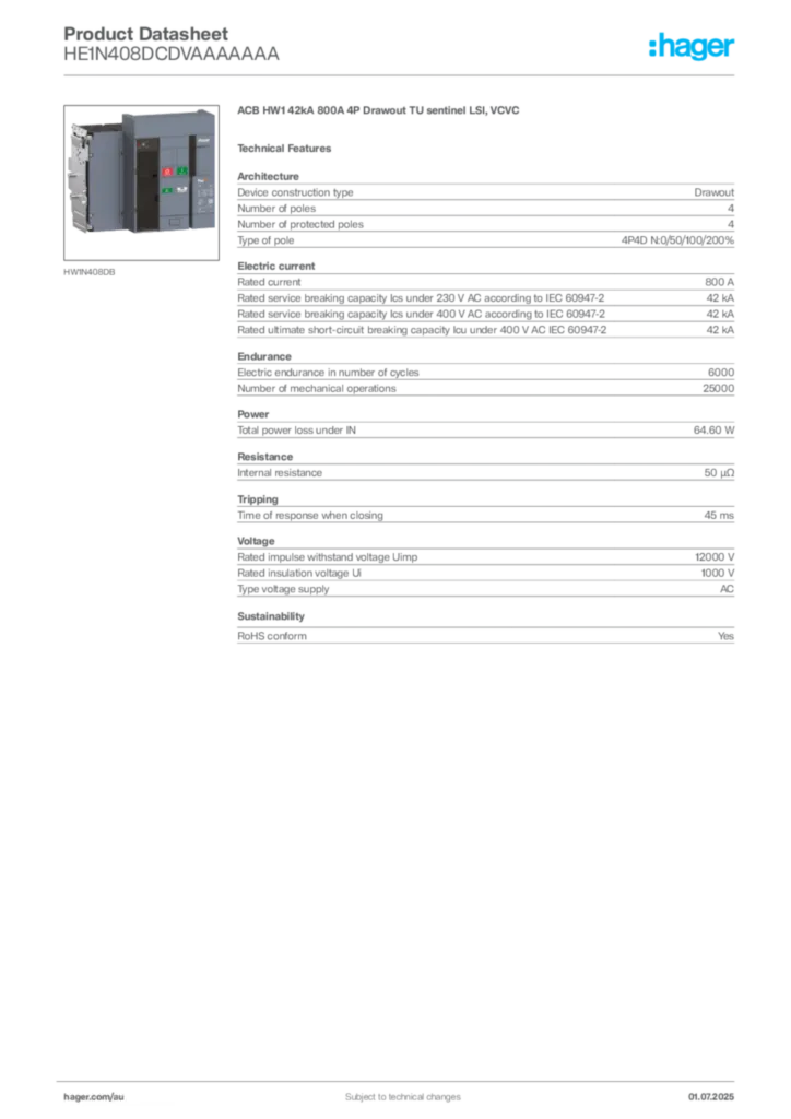 Image Hager Product data sheet HE1N408DCDVAAAAAAA  | Hager Australia