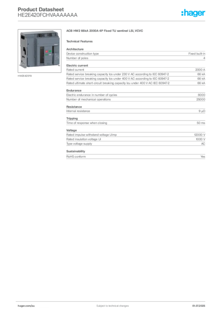 Image Hager Product data sheet HE2E420FCHVAAAAAAA  | Hager Australia