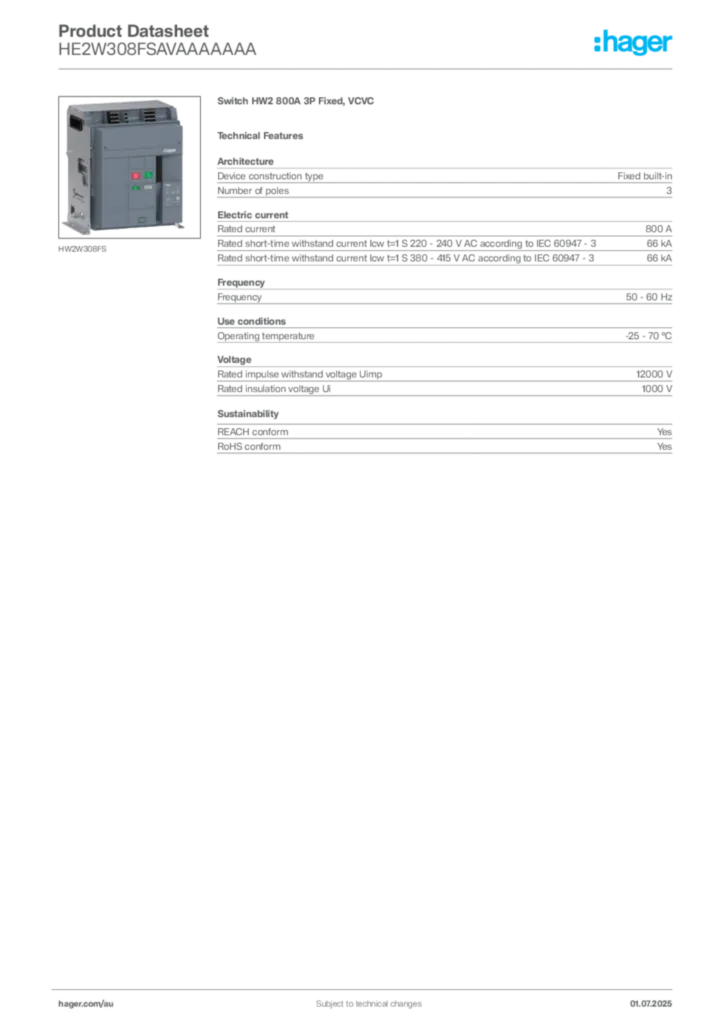 Image Hager Product data sheet HE2W308FSAVAAAAAAA  | Hager Australia
