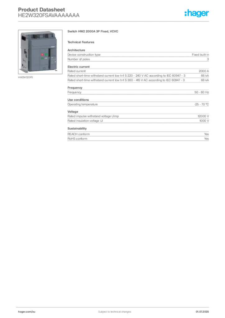 Image Hager Product data sheet HE2W320FSAVAAAAAAA  | Hager Australia