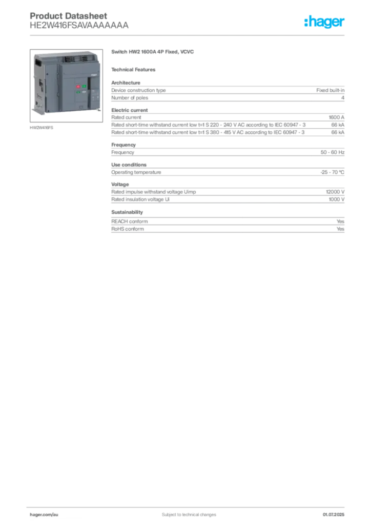 Image Hager Product data sheet HE2W416FSAVAAAAAAA  | Hager Australia