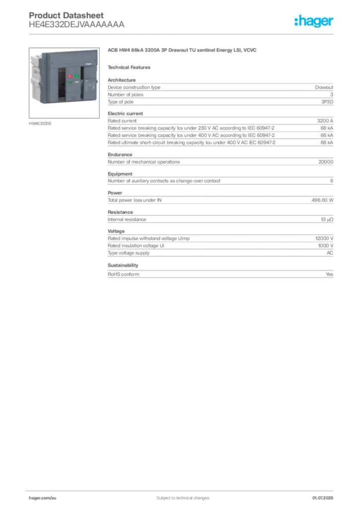Image Hager Product data sheet HE4E332DEJVAAAAAAA  | Hager Australia