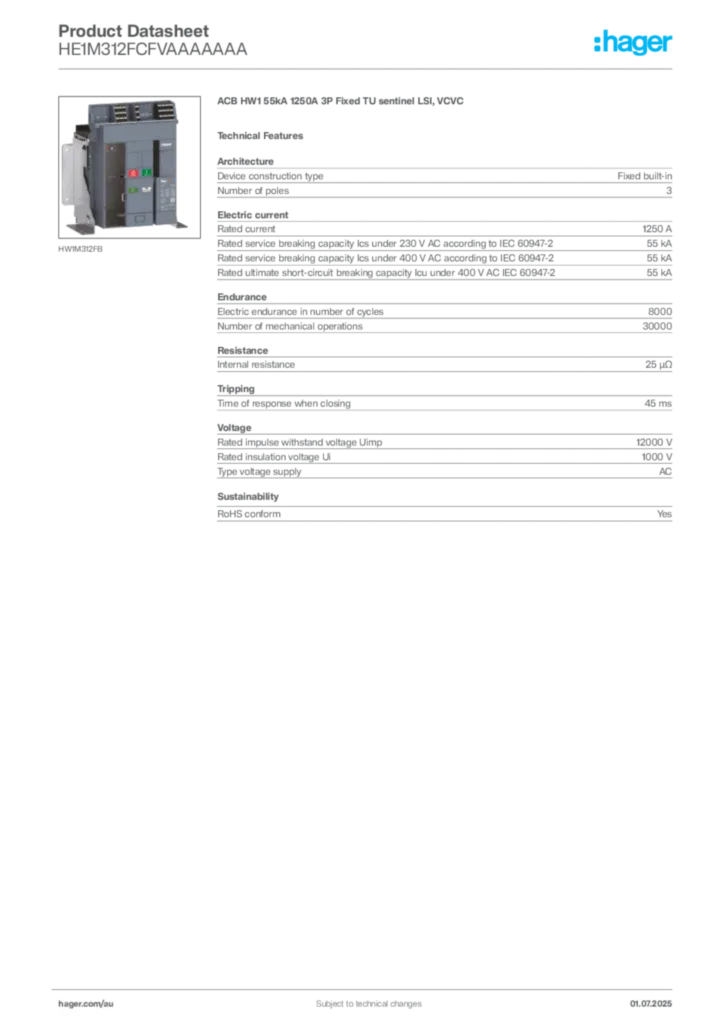 Image Hager Product data sheet HE1M312FCFVAAAAAAA  | Hager Australia