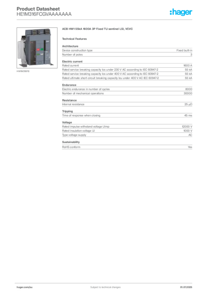 Image Hager Product data sheet HE1M316FCGVAAAAAAA  | Hager Australia