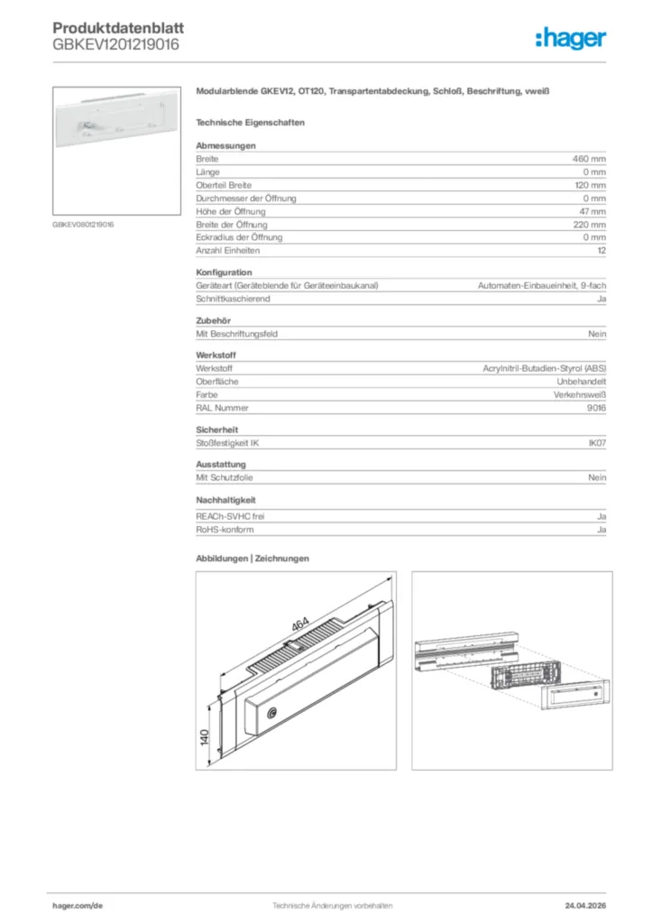 Bild Hager Produktdatenblatt GBKEV1201219016 | Hager Deutschland