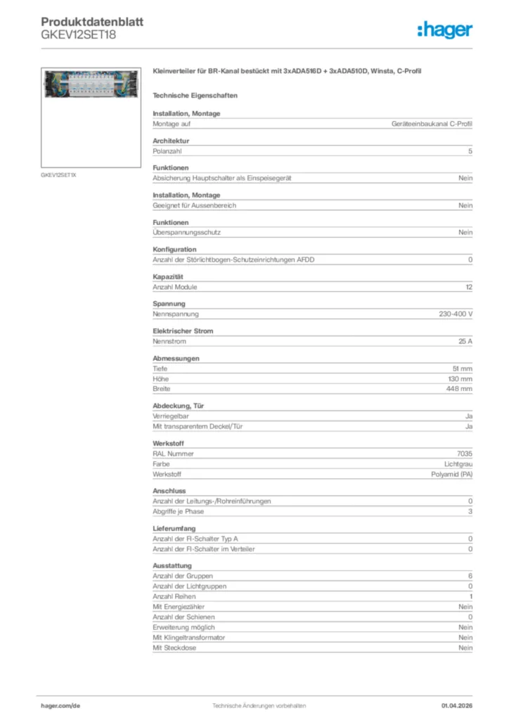 Bild Hager Produktdatenblatt GKEV12SET18 | Hager Deutschland