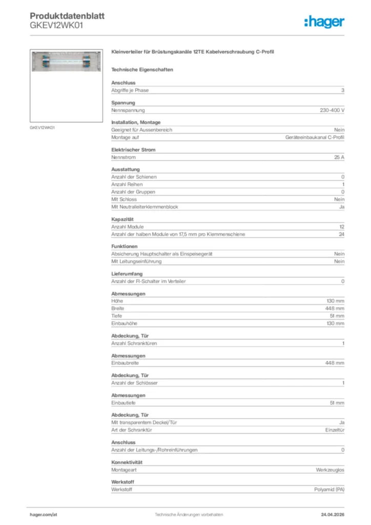 Bild Hager Produktdatenblatt GKEV12WK01 | Hager Deutschland