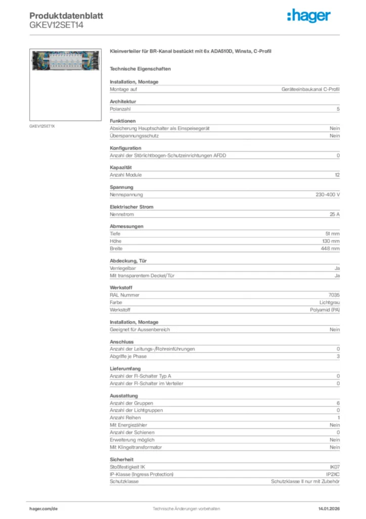 Bild Hager Produktdatenblatt GKEV12SET14 | Hager Deutschland