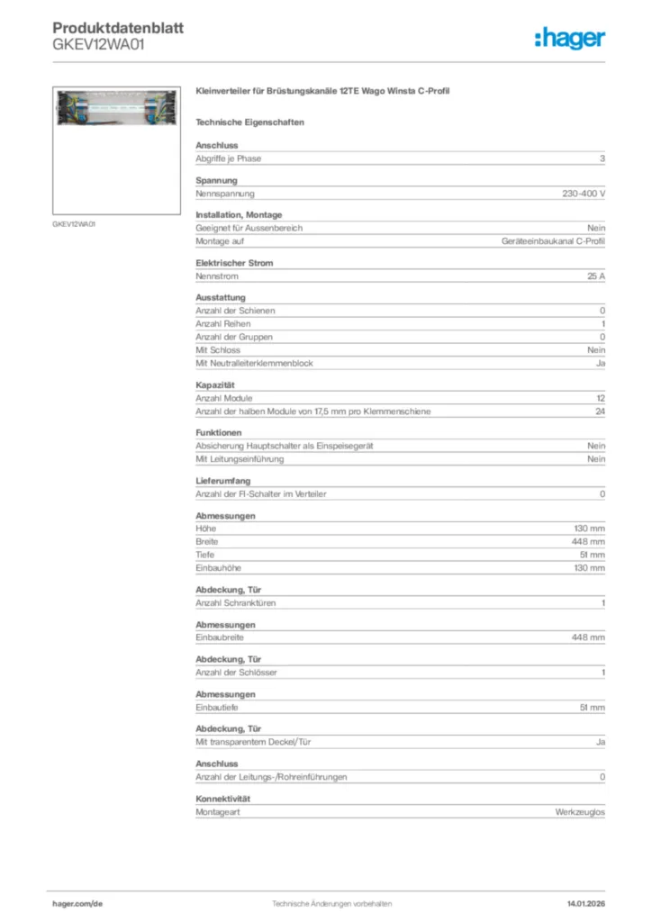 Bild Hager Produktdatenblatt GKEV12WA01 | Hager Deutschland
