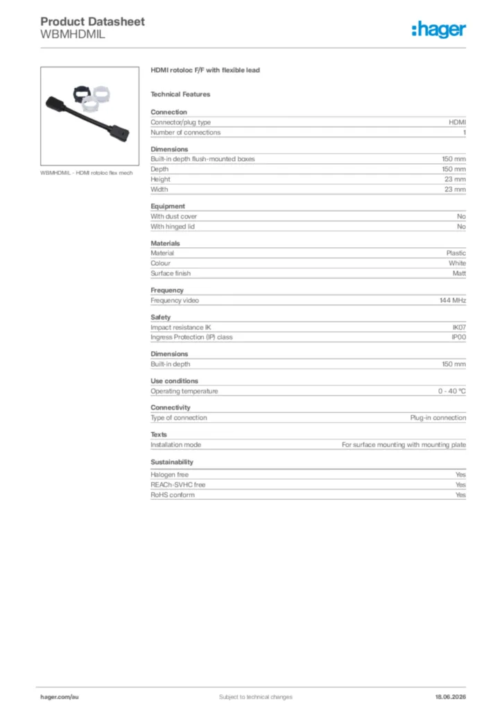 Image Hager Product data sheet WBMHDMIL  | Hager Australia