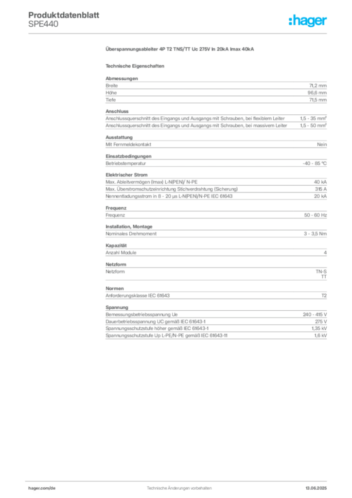 Bild Hager Produktdatenblatt SPE440 | Hager Deutschland