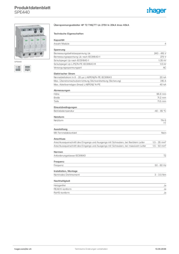 Bild Hager Produktdatenblatt SPE440 | Hager Schweiz