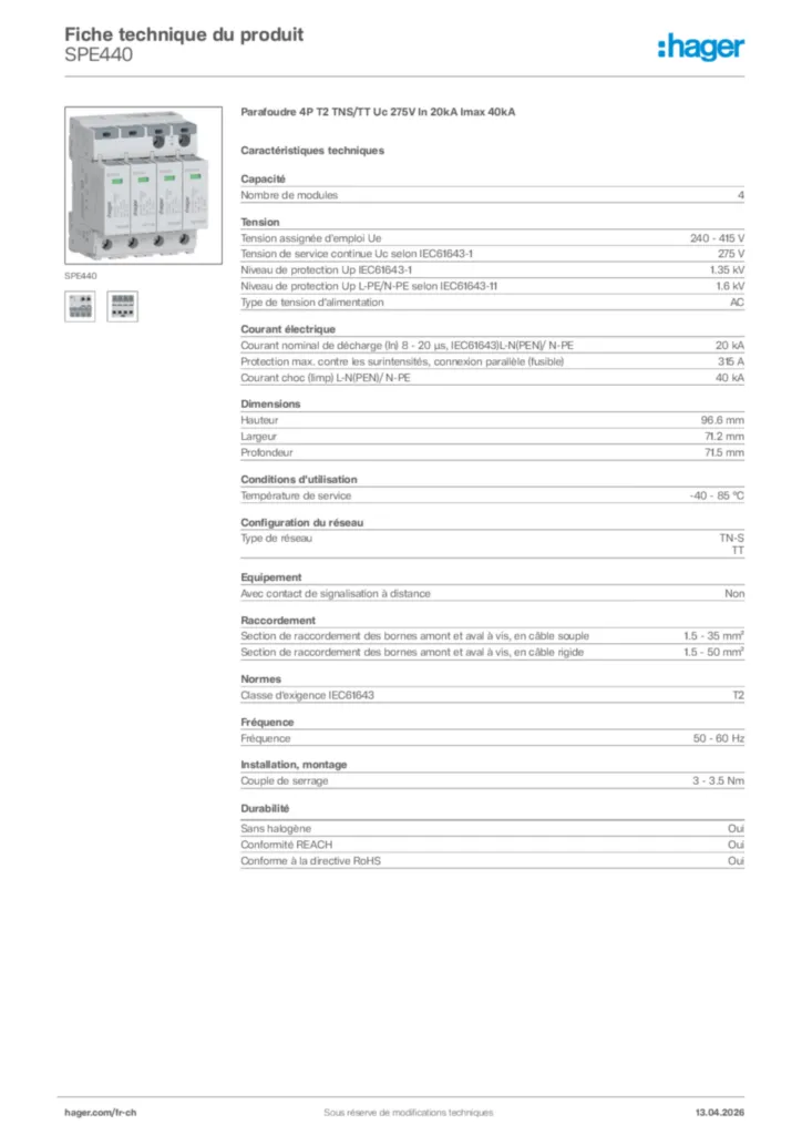 Image Hager Fiche technique du produit SPE440 | Hager Suisse