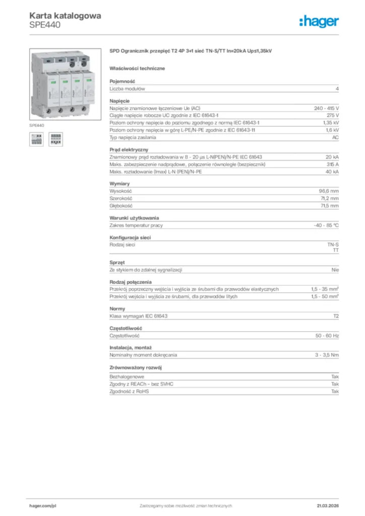 Zdjęcie Hager Karta katalogowa SPE440 | Hager Polska