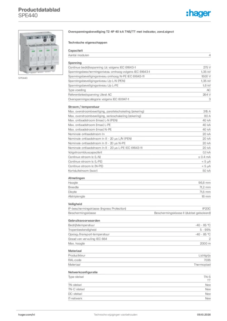 Afbeelding Hager Productdatablad SPE440 | Hager Nederland