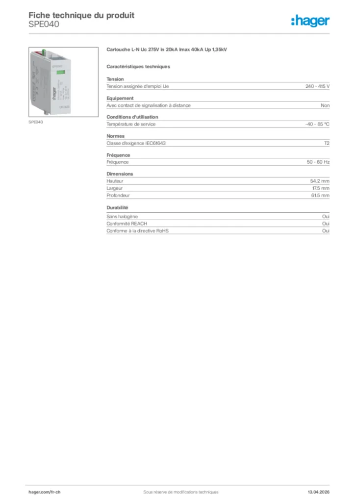 Image Hager Fiche technique du produit SPE040 | Hager Suisse