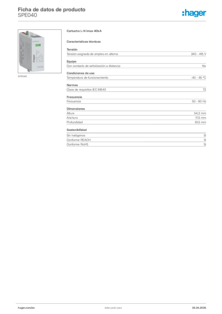 Imagen Hager Ficha de datos de producto SPE040 | Hager España