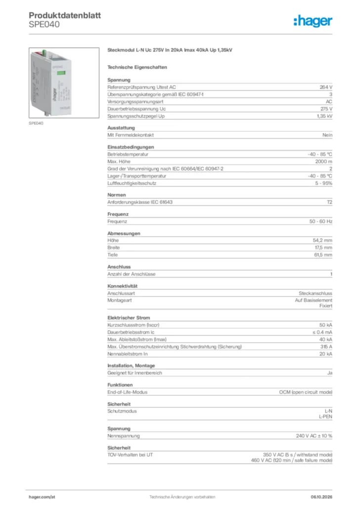 Bild Hager Produktdatenblatt SPE040 | Hager Deutschland