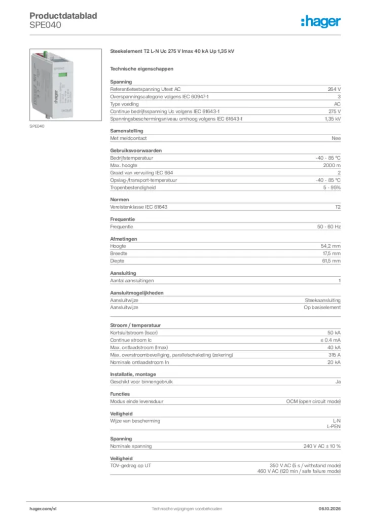 Afbeelding Hager Productdatablad SPE040 | Hager Nederland