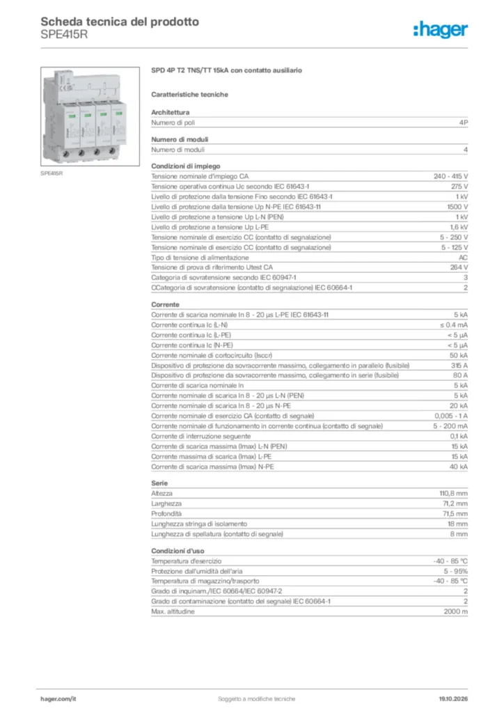 Immagine Hager Scheda tecnica del prodotto SPE415R | Hager Italia