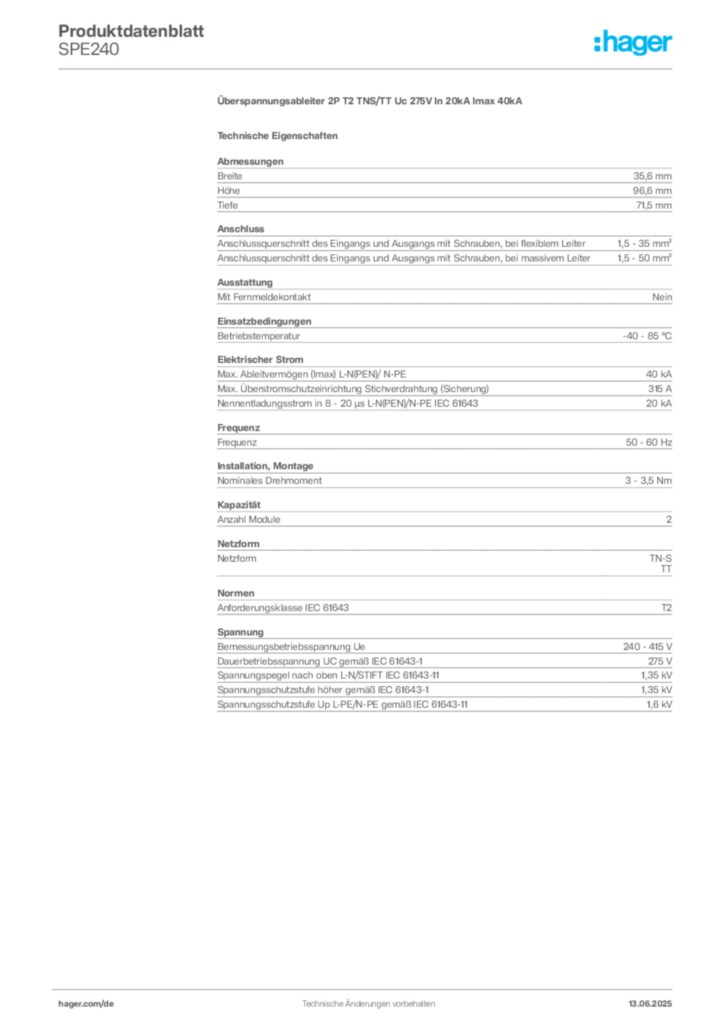Bild Hager Produktdatenblatt SPE240 | Hager Deutschland