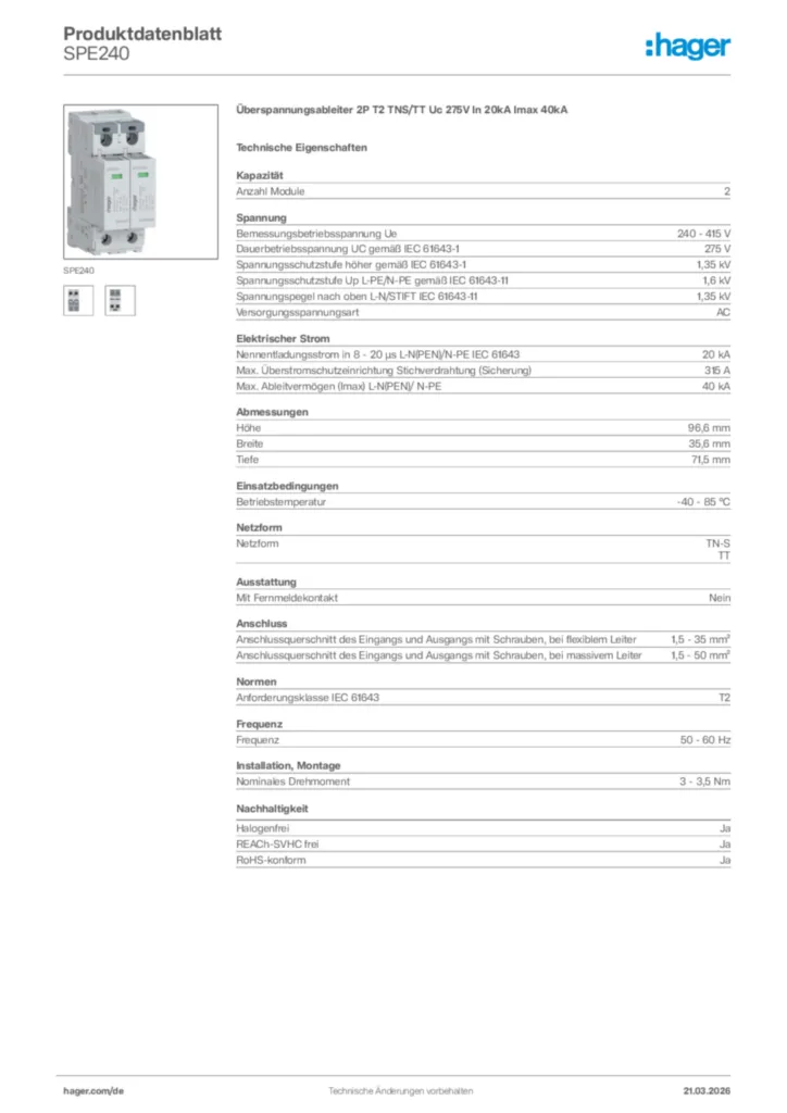 Bild Hager Produktdatenblatt SPE240 | Hager Deutschland