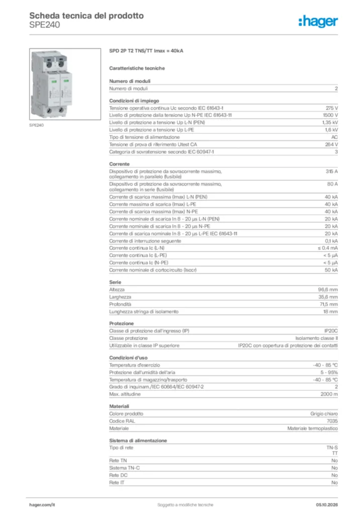 Immagine Hager Scheda tecnica del prodotto SPE240 | Hager Italia