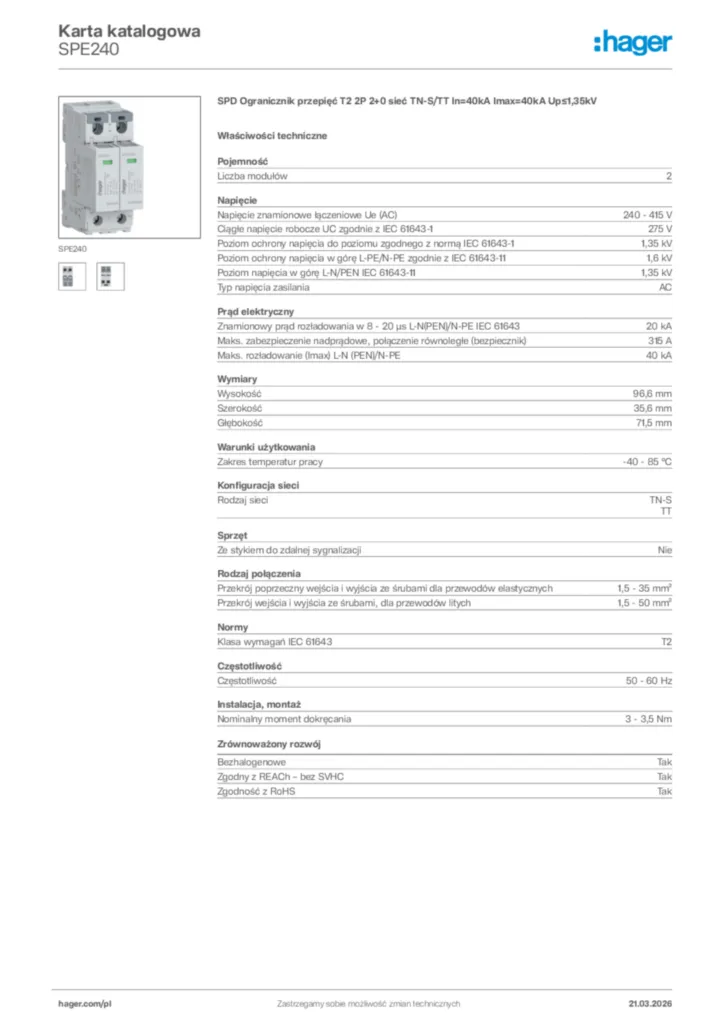 Zdjęcie Hager Karta katalogowa SPE240 | Hager Polska
