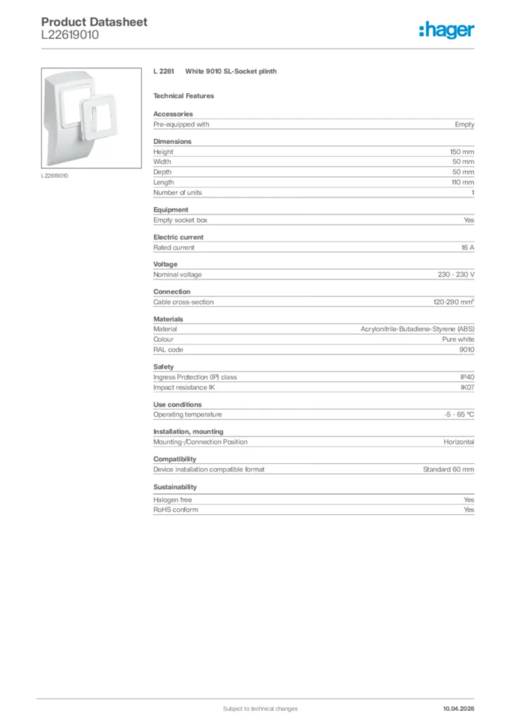 Image Hager Product data sheet L22619010  | Hager Africa