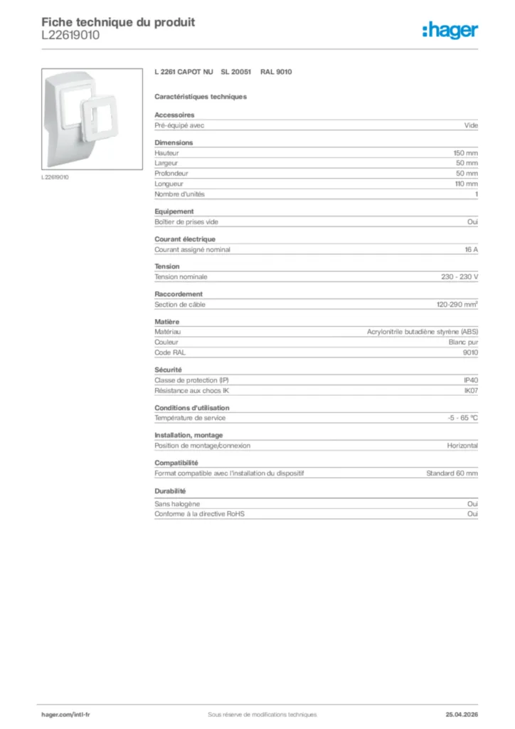 Image Hager Fiche technique du produit L22619010 | Hager Afrique
