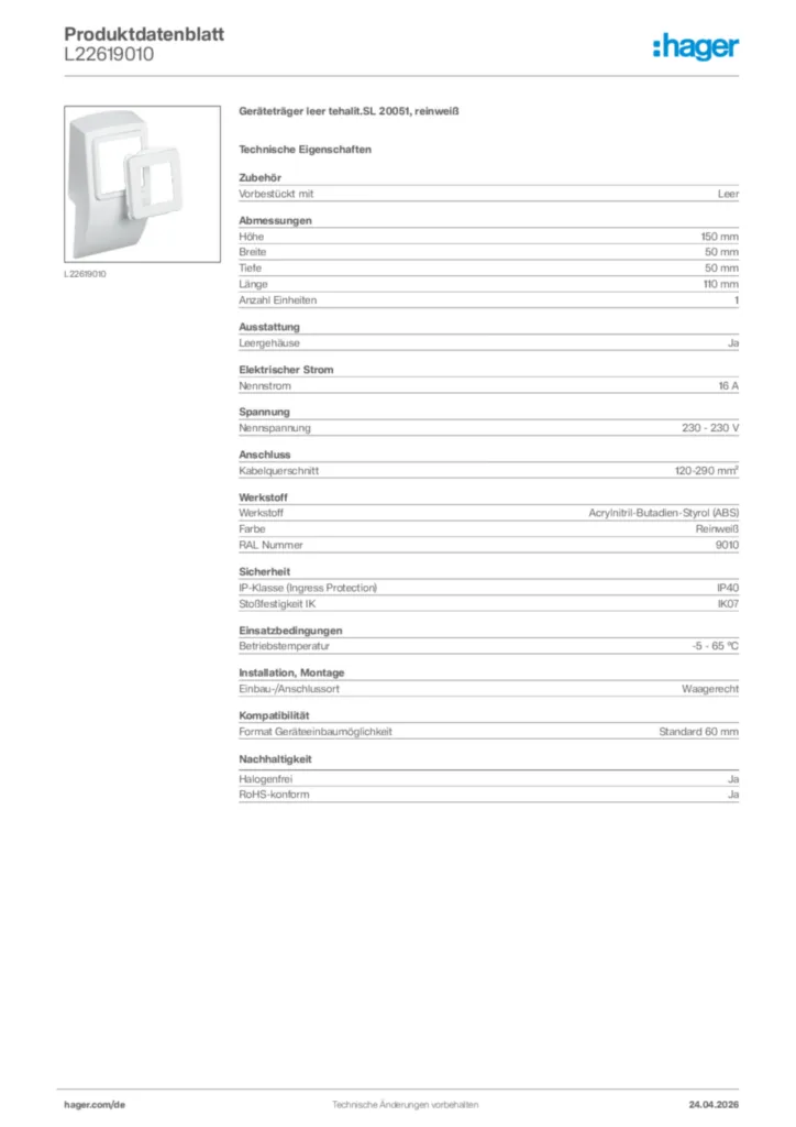 Bild Hager Produktdatenblatt L22619010 | Hager Deutschland