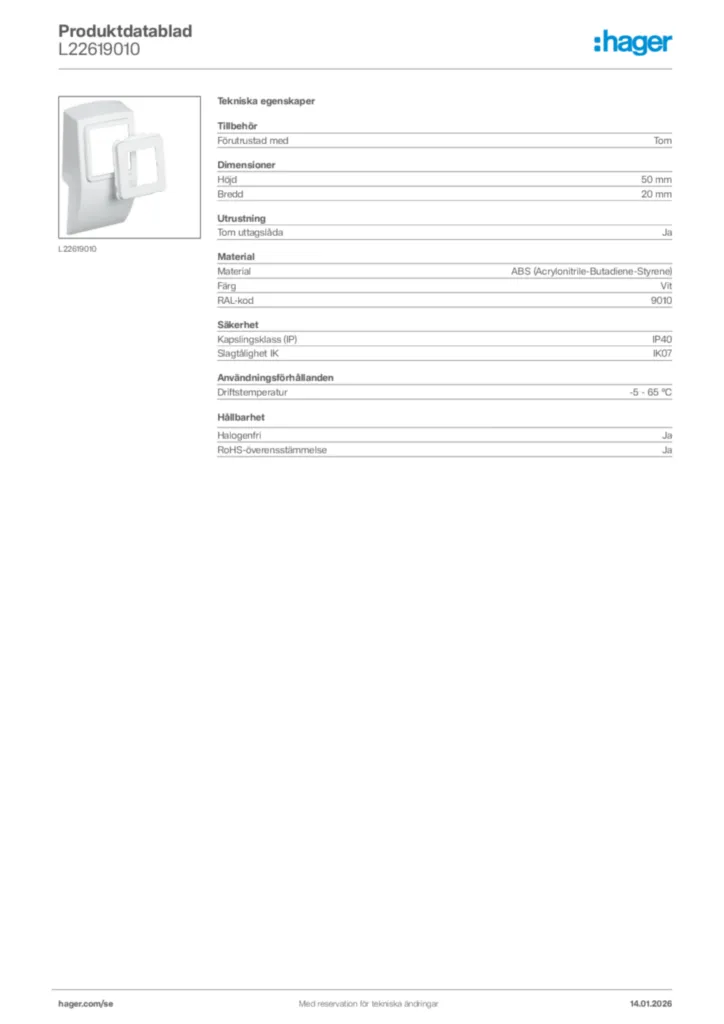 Bild Hager Produktdatablad L22619010 | Hager Sverige