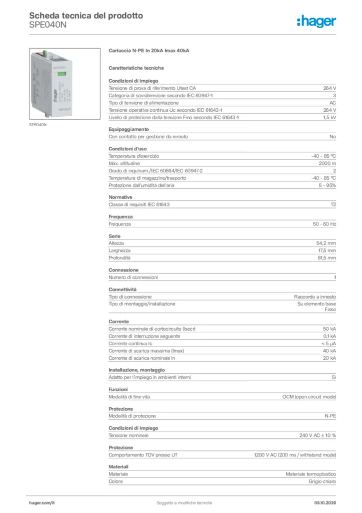 Immagine Hager Scheda tecnica del prodotto SPE040N | Hager Italia