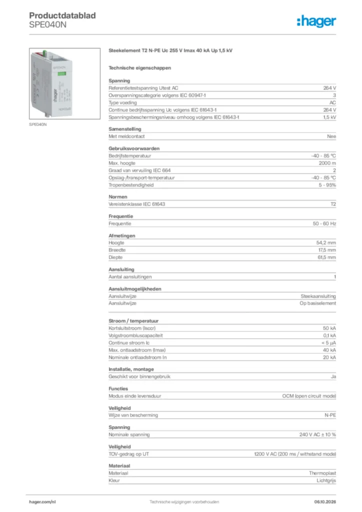 Afbeelding Hager Productdatablad SPE040N | Hager Nederland