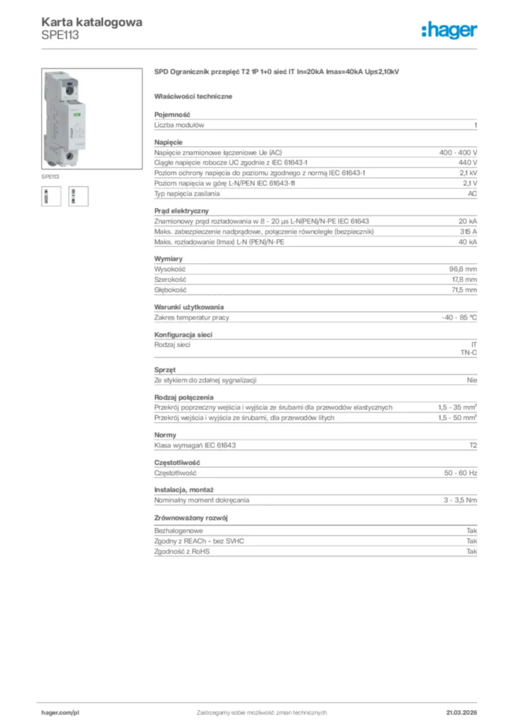 Zdjęcie Hager Karta katalogowa SPE113 | Hager Polska