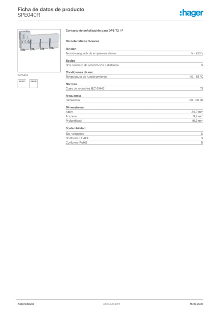 Imagen Hager Ficha de datos de producto SPE040R | Hager España