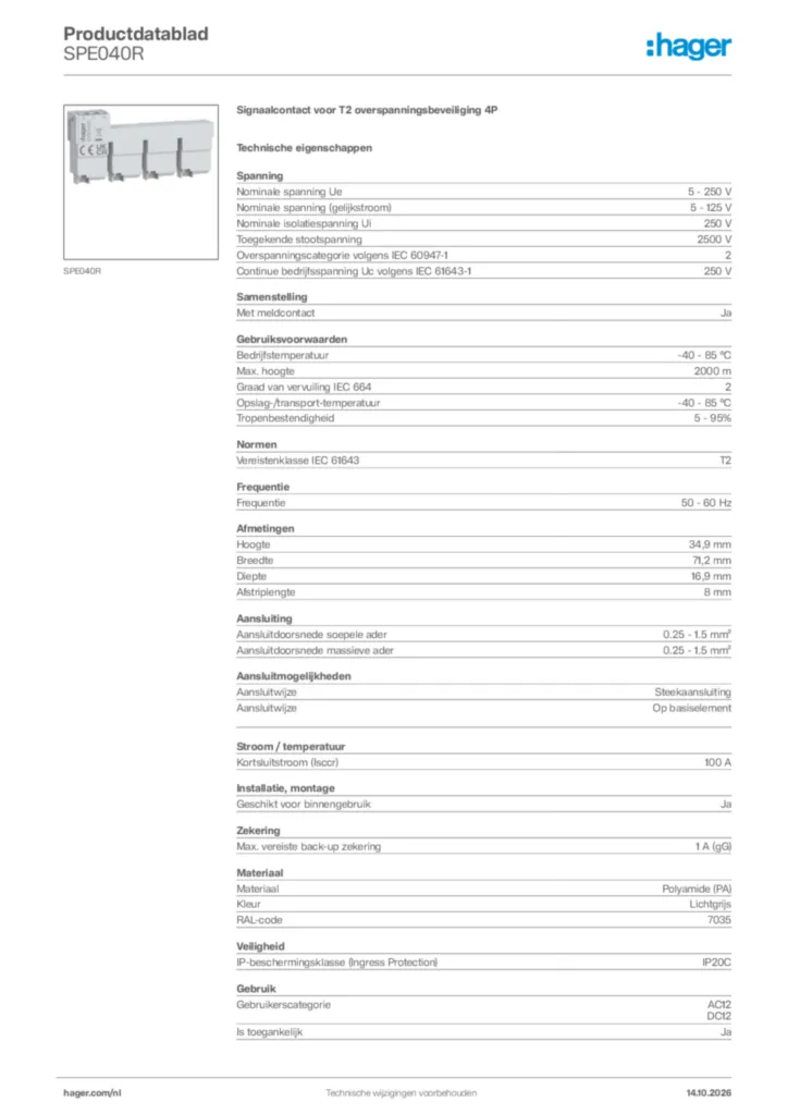 Afbeelding Hager Productdatablad SPE040R | Hager Nederland