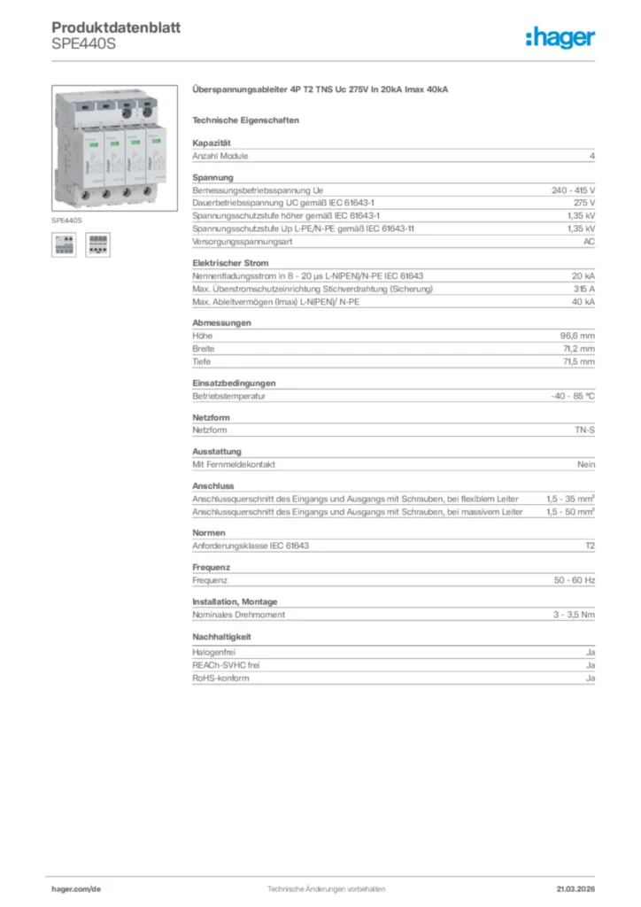 Bild Hager Produktdatenblatt SPE440S | Hager Deutschland