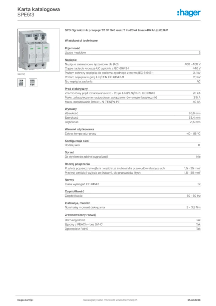 Zdjęcie Hager Karta katalogowa SPE513 | Hager Polska