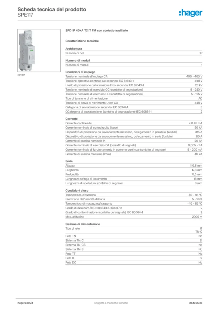 Immagine Hager Scheda tecnica del prodotto SPE117 | Hager Italia